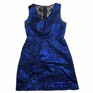 Nicole Miller New York Metallic Royal blue floral Brocade & lace deep v Dress